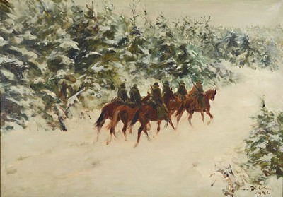 Otto Dill, 1884 Neustadt - 1957 Bad Dürkheim, Patrouillenreiter im Winterwald, rückwärtige Ansicht der vorüber reitenden Gruppe, kühle ...