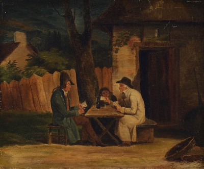 wohl französischer Künstler, um 1830/40, Kartenspiel vor der Taverne, Türsturz mit Schriftzug "Au plaisir", Öl/Lwd, unsigniert, Alters- ...