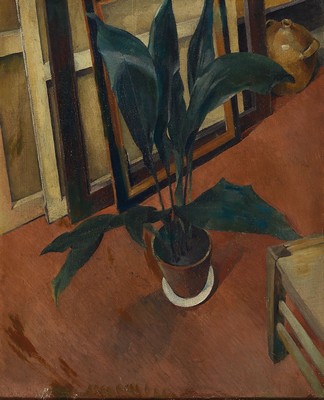 Maler der neuen Sachlichkeit, in der Art des Alexander Kanoldt (1881-1939), Stillleben mit Topfpflanze, Stuhl und Krug, wohl im Atelier, im ...