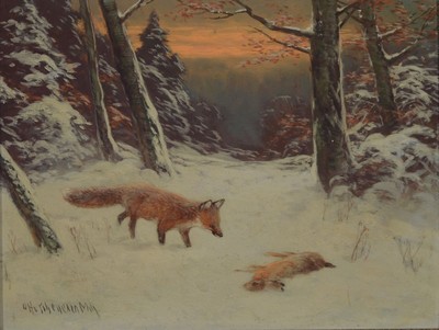Otto Scheuerer, 1862-1934 München, Fuchs mit erlegtem Hasen im verschneiten Wald, Öl/Malkarton, links unten signiert, ca. 20x 26cm, R. ca. 28x34cm
