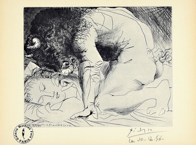 Pablo Picasso, 1881 Malaga-1973 Mougins, weibliche Akte und Stier über schlafender Schönheit, Offsetdruck, Reedition der Galerie Mathias Fels ...