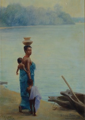 Richard Paraire, datiert Sassandra 1894, Mutter mit Kindern am Ufer eines Sees, Öl/ Holz, rechts unten signiert und dat., links unten Widmung: A ...
