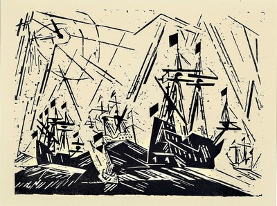Lyonel Feininger, 1871-1956, Hansaflotte, Holzschnitt von 1919, ca. 16.5x22cm, PP, u.Gl., R. ca. 30x41cm