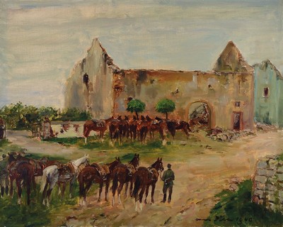 Otto Dill, 1884 Neustadt-1957 Bad Dürkheim, Deutsche Kavallerie vor dem Kaplaneihof bei Landau, Öl/Lwd, rechts unten signiert und dat.1940, ca. ...
