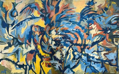 Manuel Thomas, geb. 1940, Hahnenkampf, Öl/Lwd, links unten monogrammiert, ca. 120x190cm, R.