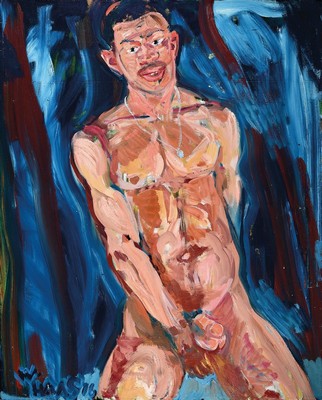 Willibrord Haas, geb. 1936, "mit Kettchen" so rückseitig betitelt, Acryl auf Lwd, rest., links unten sign. und dat. 16, ca. 100x80cm