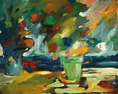 Basic, zeitgenössischer Künstler, Stillleben mit Topfpflanzen, Öl/Lwd, rechts unten signiert und dat. 86, ca. 80x100cm