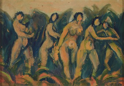 Peter Koch, 1874-1956 Gimmeldingen, 5 Akte am Waldrand, Öl/Malkarton, rechts unten signiert, ca. 23x33cm, R. ca. 25x35cm