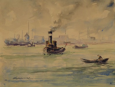 Robert Lauth, 1896-1985 Ludwigshafen am Rhein, Blick auf den Rheinhafen, Aquarell auf Papier, links unten signiert, ca. 21x28cm, PP, u.Gl., R. ca. ...