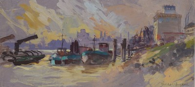 Adolf Merkel-Langkoch, geb. 1900 Schwetzingen, Der Rheinhafen in Ludwigshafen, Aquarell auf Papier, rechts unten sign., ca. 20x44cm, PP, u.Gl., R. ...