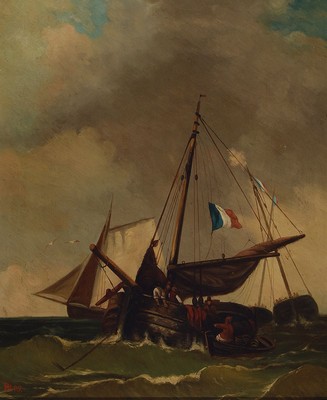 Monogrammist P.M., datiert (18)95, Französische Fischerboote, Öl/Eichenplatte, links unten monogr. und dat., ca. 45x37cm, R. ca. 62x55cm
