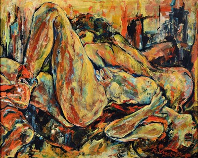 Renate Vogel-Stelling, geb. 1942 Danzig, aufgewachsen in Bremen, "Der Balkon", Öl/Lwd, rechts unten signiert, ca. 80x100cm, rückseitig ...