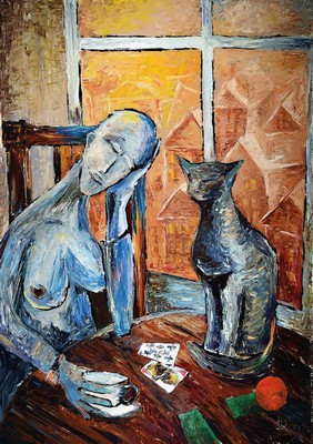 Nikolaj Vladimirovic Pivovarov, geb. 1957, Nackte Wahrsagerin vor rotem Sonnenuntergang, so rückseitig in kyrillisch betitelt, Öl/Lwd, ...