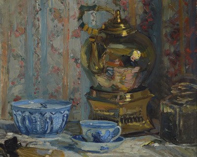 Unbekannter Künstler, deutsch, um 1900, Stillleben mit Teekanne, Teedose und Tasse, Öl/Malkarton, ca. 39x48cm, R. ca. 48x58cm