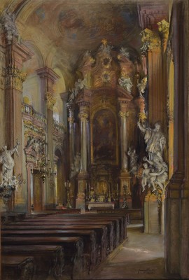 Franz Huth, 1876 Pößneck-1970 Weimar, Interieur der Matthiaskirche in Breslau, Pastell auf Papier, rechts unten signiert, ca. 100x67.5cm, u.Gl., R. ...