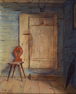 Paul Felgentreff, 1854 Potsdam-1933 München, Interieur mit Brettstuhl und Schirm, auf der Tür dat. 1919, Öl/Lwd, links unten signiert, ca. ...
