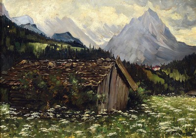 Bruno Flashar, 1887-1961 München, Hütte im Gebirge, Öl/Malkarton, rechts unten signiert, rückseitig handschriftl. Widmung von 1916, ca. 30x40cm, ...