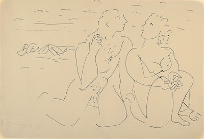 Rudi Baerwind, 1910-1982 Mannheim, Studium in Berlin, München und Paris, war Schüler von Fernand Leger, hier: Paar am Strand, fast kalligraphischer ...