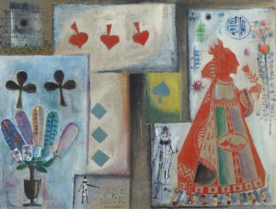 Romolo Esposito, 1913-1991, Spielkartenmotive, Mischtechnik auf Hartfaser, signiert und dat. 57, ca. 60x80cm, PP, u.Gl., R. ca. 78x97cm