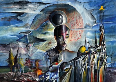 Unbekannter zeitgenössischer Künstler, Phantastische Landschaft mit Kopf und Auge, Mischtechnik auf Papier, mehrfach geknickt, Ecken mit ...