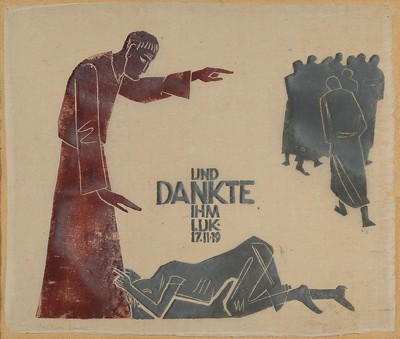 Rolf Müller-Landau, 1903-1956, Monotypie auf dünnem Japan-Papier, "und dankte ihm Luk.17.11.19", handsigniert, ca. 44x52cm, PP, u.Gl., R. ...