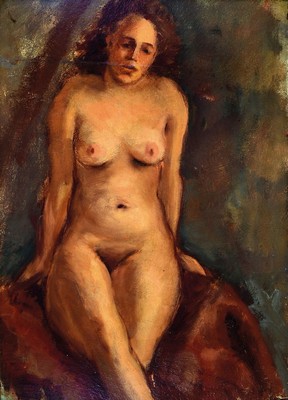 Unbekannter Maler, deutsch, um 1900, weiblicher Akt, Öl/Malkarton, gewölbt, rest.-bedürftig, ca. 55x40cm, R. ca. 60x45cm