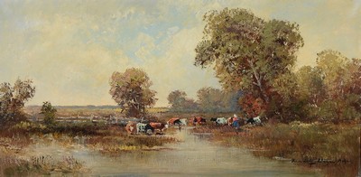 Randolf Wehn, 1911 München - 1987 ebenda, Schüler von Prof. Peter Kalmann, hier: Landschaft des Dachauer Moos mit weidender Kuhherde, ...