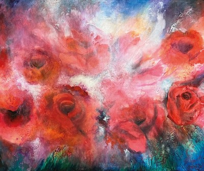 Doris Zeidlewitz, geb. 1959, Studium am Städel in Frankfurt und an der Hochschule für Gestaltung in Offenbach, hier: Roses, Öl/Lwd, rechts unten ...