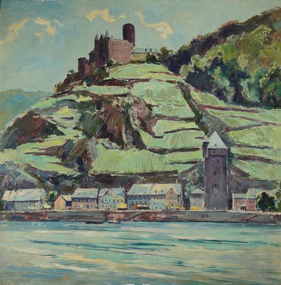 Karl Graf, 1902-1986 Speyer, Blick über den Rhein auf St. Goarshausen und Burg Katz, Öl/Hartfaser, im unteren Teil gewölbt durch Wasserschaden, ...