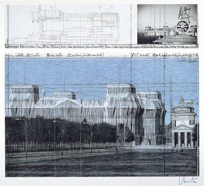 Christo, 1935 Gabrovo - 2020 New York City, Wrapped Reichstag, Project for Berlin, Farbserigraphie, rechts unten handsigniert in blau, unter PP und ...