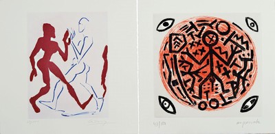 A.R.Penck (1939-2017) und Helge Leiberg (geb. 1954), "ohne Titel. spontane Musik ohne Tradition", Kassette mit 2 Farbradierungen auf ...