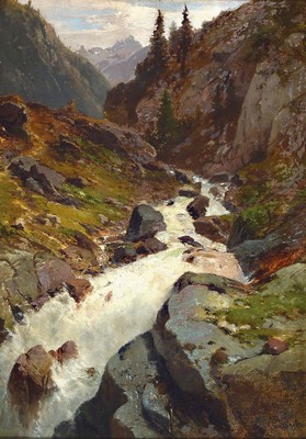 Johann Wilhelm Lindlar, 1816 Bergisch-Gladbach- 1896 Düsseldorf, Schüler von Johann Wilhelm Schirmer, Gebirgslandschaft mit reißendem Bach, ...