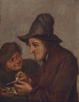 Unbekannter Niederländischer Traditionalist, um 1830/40, Paar Genres, Porträt zweier bäuerlicher Typen beim Pfeife stopfen, Paar bäuerliche Typen ...
