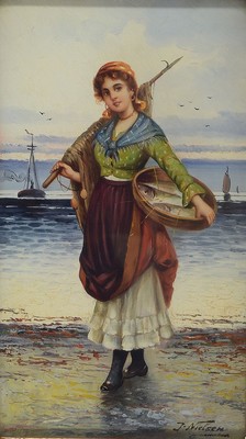 J. Nielsen, wohl dänischer Maler, um 1900, Fischerin am Hafen, Öl/Lwd, signiert, ca. 31 x 18 cm, Prunkrahmen ca. 51 x 38 cm, l. Alterssp.