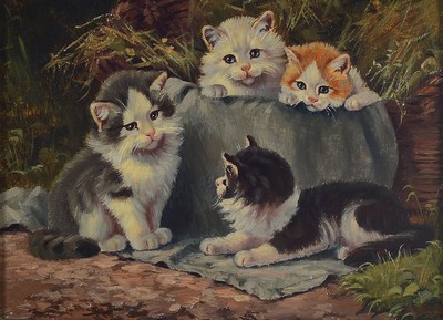 Benno Kögl, 1892-1973, vier spielende junge Katzen, Öl/Holz, rechts unten signiert, ca. 18x24cm, R. ca. 31x37cm