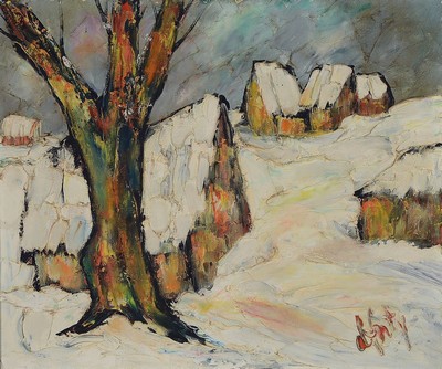 Henry D'Anty, 1910-1998, kanadischer Künstler, zwei winterliche Dorflandschaften, pastoser Farbauftrag in breitem Pinselstrich , je signiert, ...