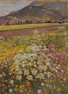 Gottfried Niemann, 1882 Berlin - 1950, sommerliche Blumenwiese in Voralpenlandschaft, Mischtechnik auf Malkarton, rechts unten signiert und datiert ...
