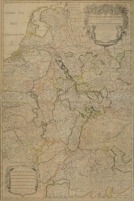 Zwei Kupferstichkarten, Frankfurt und Rheinverlauf, 18.Jh., Johann Baptist Homann (1664-1724): Frankfurt am Main und Umgebung, 72x80 cm, Pierre ...