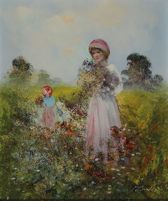 Rahavard Madjid, geb. 1943 Teheran, Mädchen in Blumenwiese, Öl/Lwd, li. u. signiert, ca. 60 x 50 cm, Rahmen 76 x 66 cm