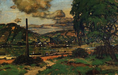 Heinrich Hartung, 1888 Düsseldorf - 1966 Koblenz, Studium an der Akademie Düsseldorf, Rheinansicht mit Schiffen und Personen, Öl/Hartfaserplatte, ...