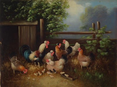 Otto Scheuerer, 1862 München - 1934 ebenda, Studium an der Akademie München bei Karl Raupp, Hühnerhof, Öl/Karton, links unten signiert, ohne ...