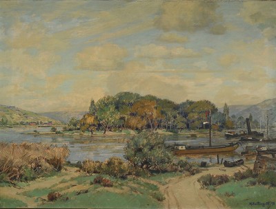 Heinrich Hartung, 1888 Düsseldorf - 1966 Koblenz, Studium an der Akademie Düsseldorf, Hafenansicht am Rhein, konservativ -realistische Darstellung ...