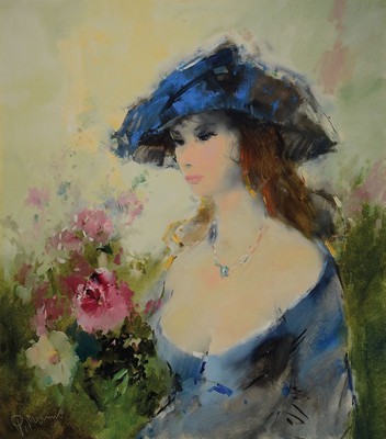 Paul Morro, (Ingfried Paul Henze-Morro), 1925 Leipzig - 2013 Wiesbaden, Studium in Leipzig und München, hier: junge Frau im blauen Kleid, Öl/Lwd, ...