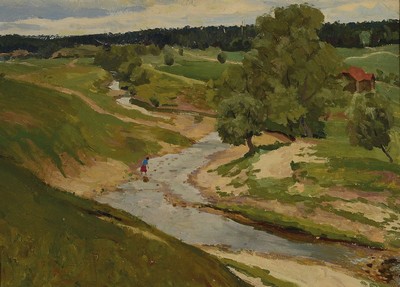Markow, russischer Künstler, Flußlandschaft mit Mädchen, ÖL/ Malkarton, rückseitig in kyrill. bezeichnet "Sommer", ca. 50 x 70 cm, ...