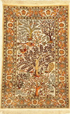 Hereke Seide fein, signiert, Türkei, um 1940, reine Naturseide, Metallbroschiert, ca. 125 x 85 cm, ca. 1 Mio Kn/qm, EHZ: 2