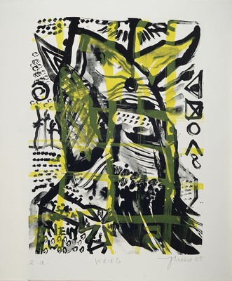Jonathan Meese, geb. 1970 Tokio/Japan, Diptychon: "Krieg" & "Frieden" (2005), Lithographie auf Bütten, Krieg: Ed. e.a., Frieden: ...