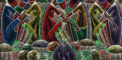 Unbekannter zeitgenössischer Künstler, vielfigurige Szene auf einem afrikanischen Markt, Öl/Lwd, rechts unten signiert B.Maxia, ca. 45x90cm