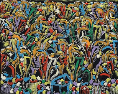 M. Roselle Conly, zeitgenössischer Künstler,surrealistischer Früchtemarkt mit Getier, Öl/ Lwd, rechts unten signiert, ca. 48x60cm