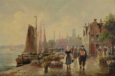 A. Hernemanns, geb. 1900, deutscher Maler, Holländischer Blumenmarkt am Hafensteg, Öl/Lwd, links unten signiert, rückseitig Widmung von 1932, ca. ...
