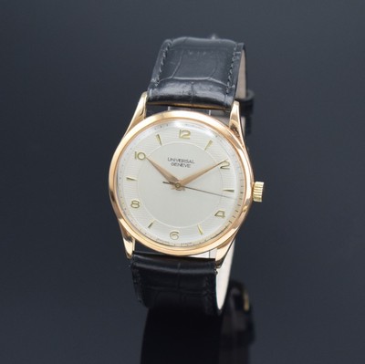 UNIVERSAL GENEVE Herrenarmbanduhr Referenz 10216 mit Hammerautomatik in RG 750/000, Schweiz um 1955, 3-teil. Geh., Boden & Glasrand aufgedr., silb. ...